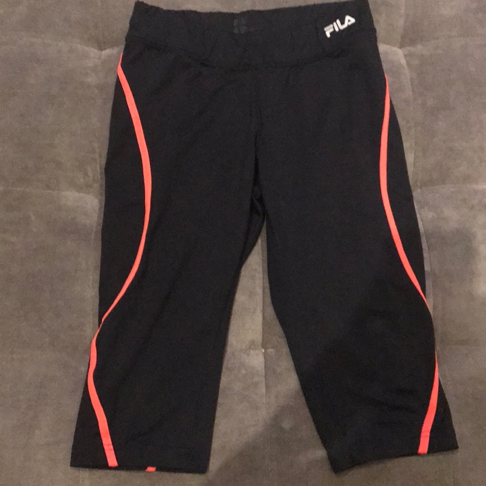 Black workout leggings with coral edging